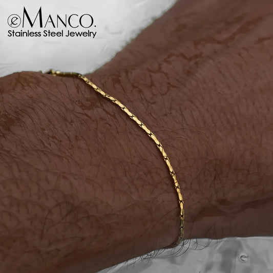 eManco 1.3MM Hammered Wire Chain White Gold  Bracelet Simple Men's No Color Loss Waterproof Hand Jewelry