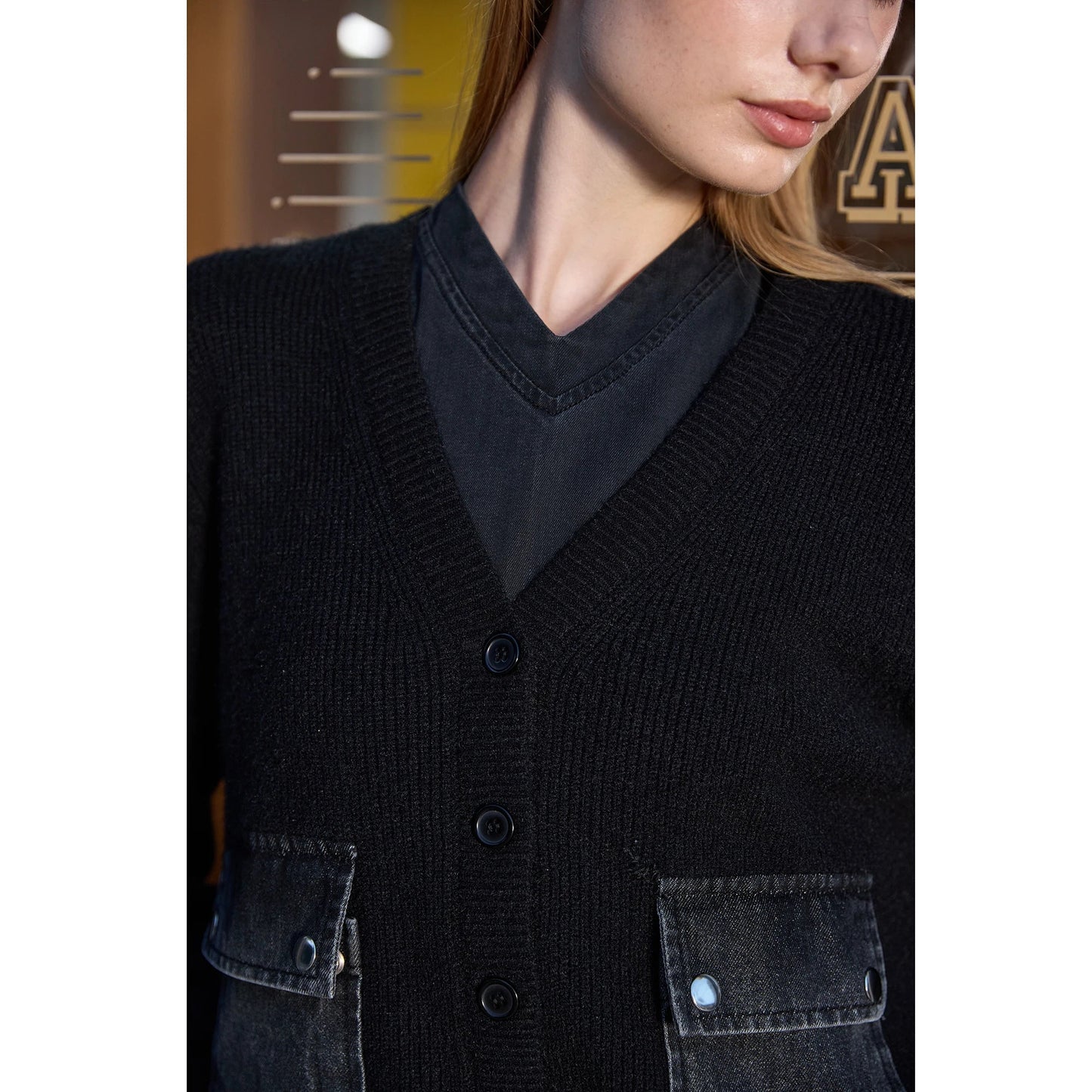 AP Women 2026 Autumn and Winter Denim V-neck Dress Knitting Cardigan Mock Neck Modal Shirt