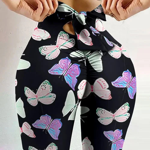 High Waist Sexy Butterfly Printed Leggings Bowknot Yoga Pants Bow