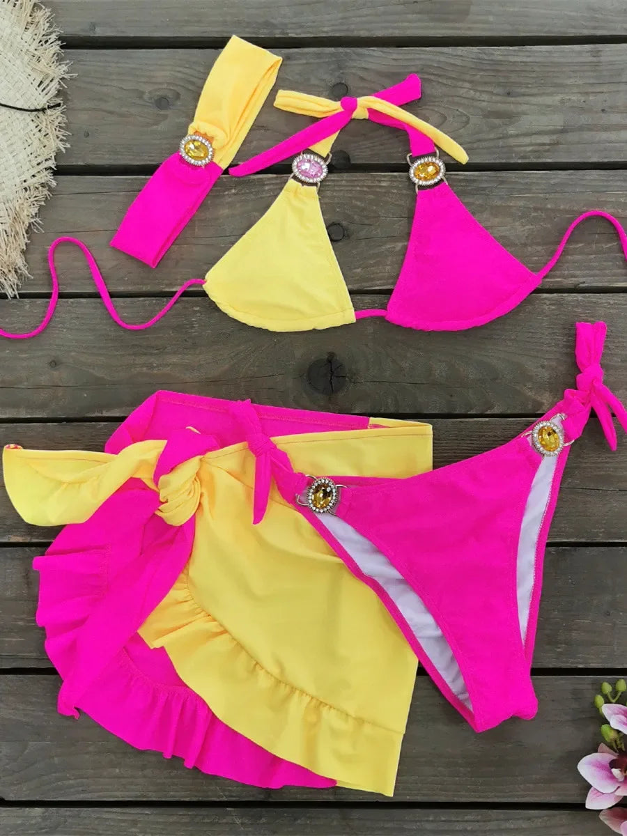Sexy Skirt 4 Pieces Bikini Set Women Luxury Blue Patchwork Rhinestone Push Up Cover Up Swimsuit 2024 Beach Bathing Suit Swimwear