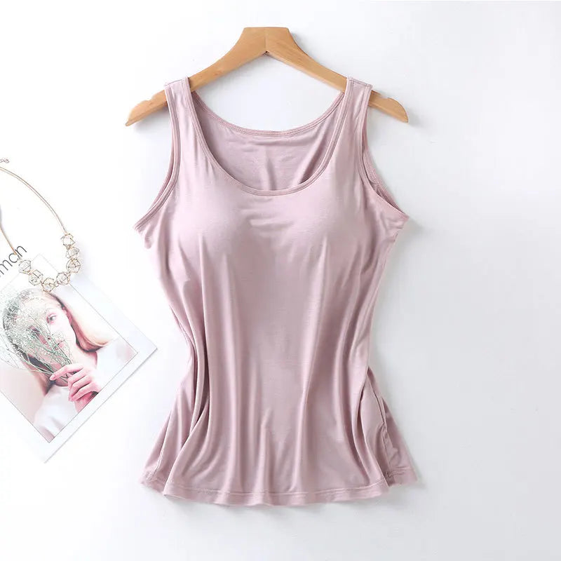 2025 Women's Vest Tops With Built In Bra Neck Vest Padded Slim Fit