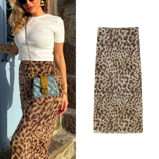 TRAF Leopard Long Skirts Women's 2024 Spring Summer Autumn Elegant