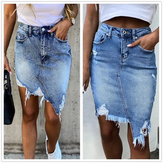 2022 Summer New Ripped Irregular Denim Skirts For Women Fashion Street