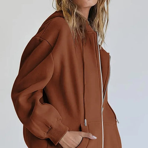 Fashion Gray Zip Up Sweatshirt Women Autumn Winter Jacket Clothes