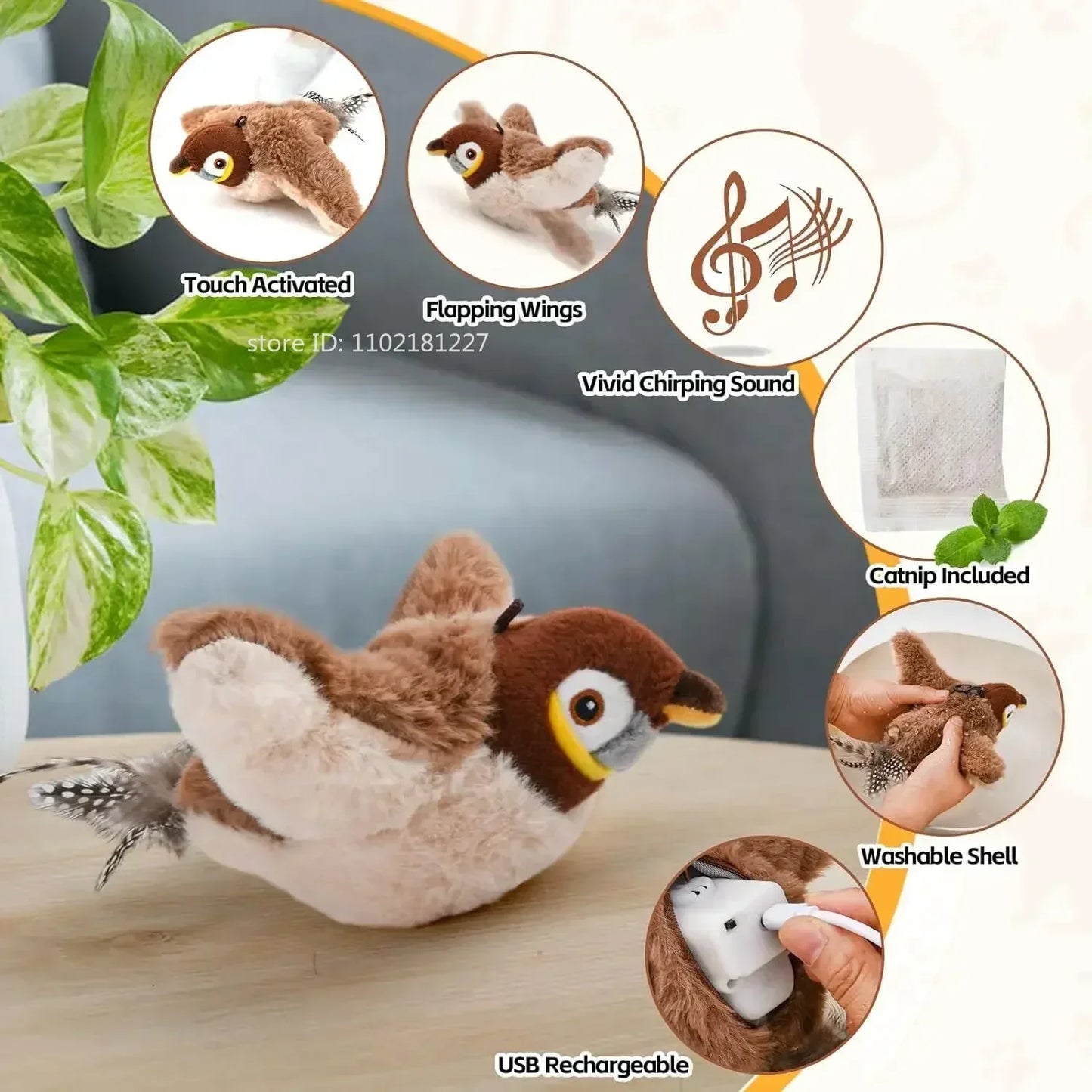 Interactive Cat Toy Chirping Flapping Sparrow Dog Toys Rechargeable Touch Squeak Bird-Shaped Plush Toy with Catnip Pet Supply