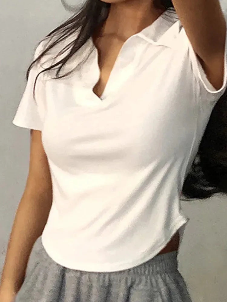 Summer Short Sleeve Lapel Top Women'S Solid V-Neck Pullovers Retro