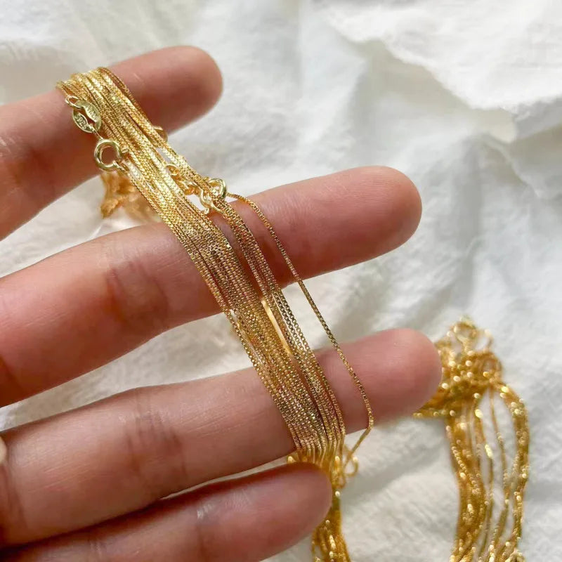35cm-80cm 0.65mm Thin Real 925 Sterling Silver Gold Color Slim Box Chain Necklace Womens Girls Mens Jewelry kolye collares