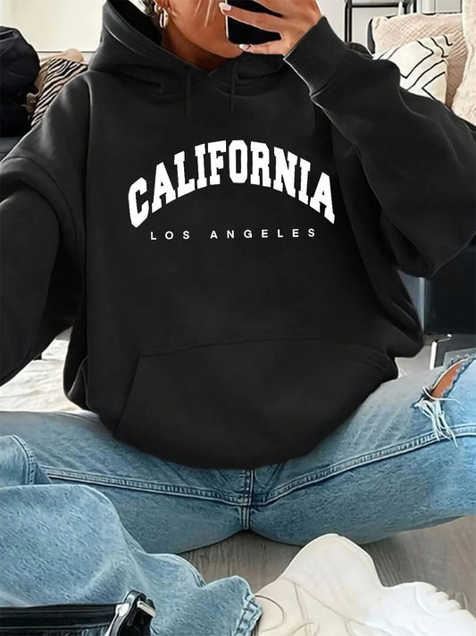 Women's autumn and winter warm and loose casual California Los Angeles pattern printed suede long sleeved hooded sweatshirt