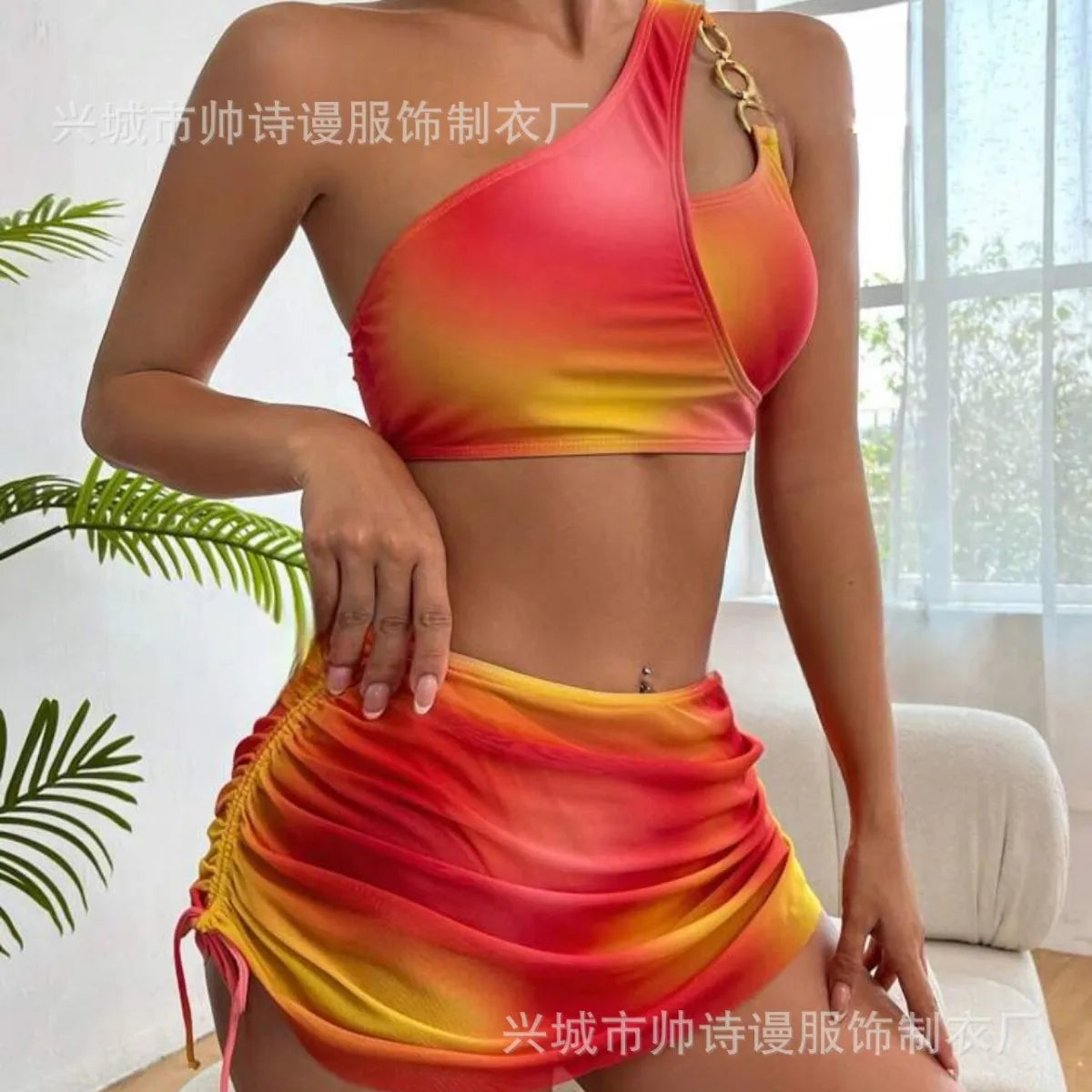 2024 New European American Cross-border Swimsuit Tie-dyed Split Bikini One-shoulder Sexy Three-piece Set Foreign Trade Swimsuit