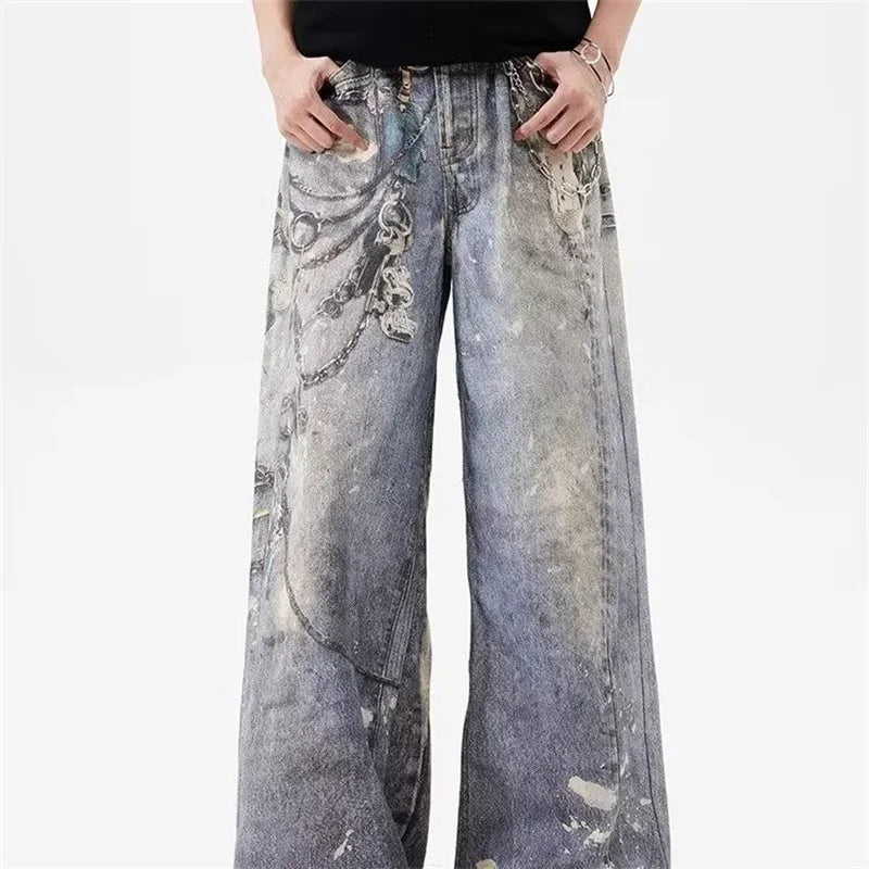 New 3D Chain Printed Baggy Jeans For Men And Women Casual Baggy