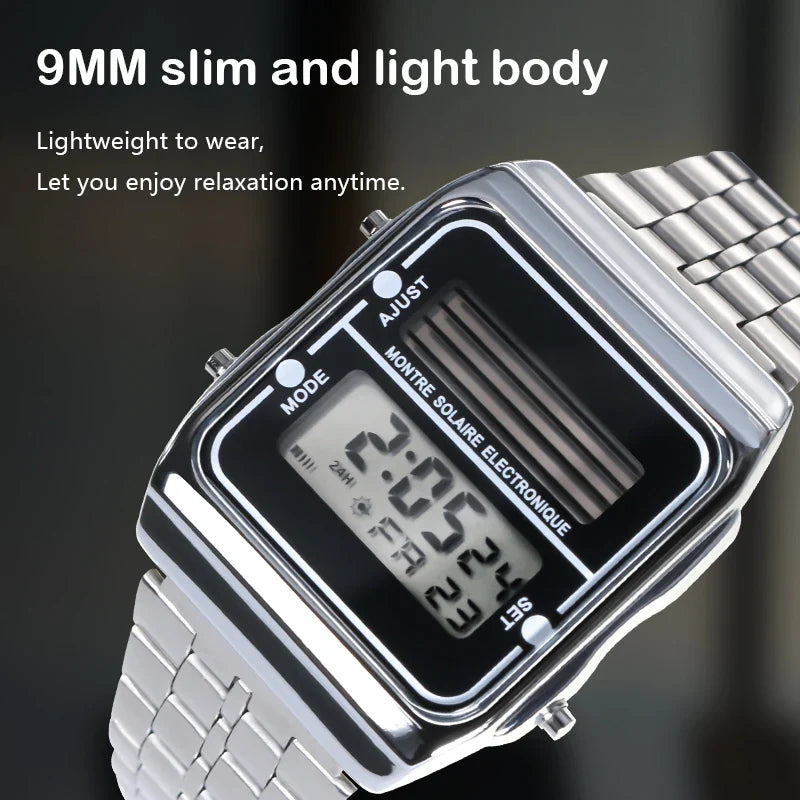 Solar Men‘s Digital Watch Retro Chronograph Stainless Steel Strap Waterproof Multifunctional Sport Electronic Watches