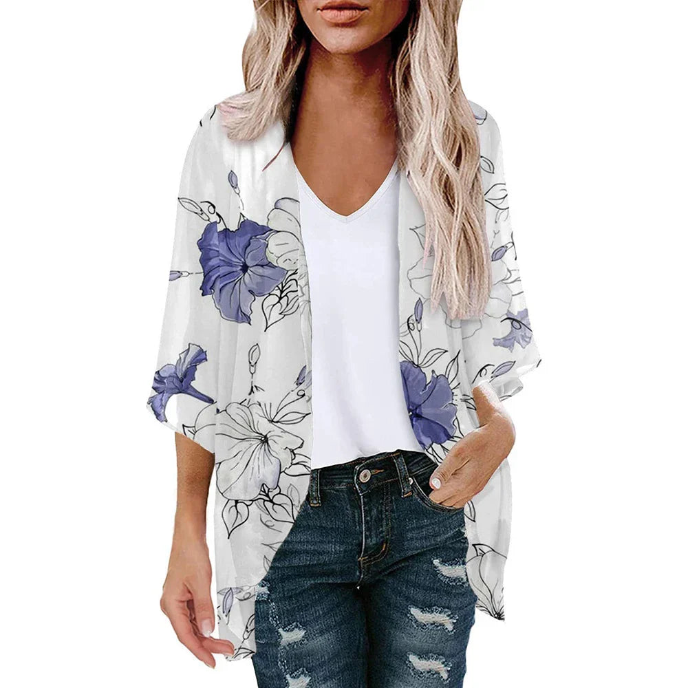 New Women Chiffon Blouse Kimono Tops Cardigan Leaves Print Beach Blouse Shawl Loose Hawaiian Outwear Swim Cover Up  Beach Wear