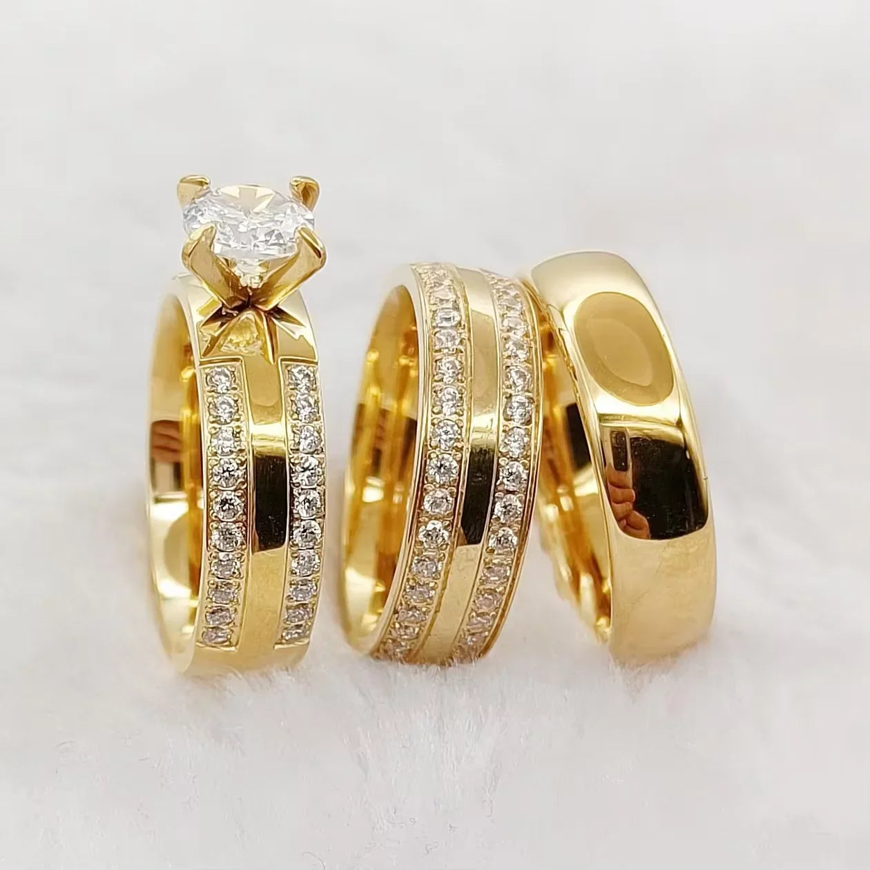 Wedding Rings Sets For Men And Women 3pcs Unique Designer Hammered 24k Gold Plated Jewelry cz Diamond Couples Engagement Ring
