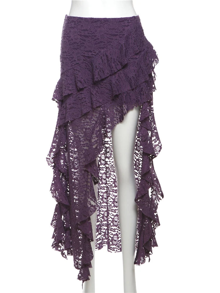 Nibber Tassels Women Skirts Irregular Hem Multi-Layered Ruffles Lace