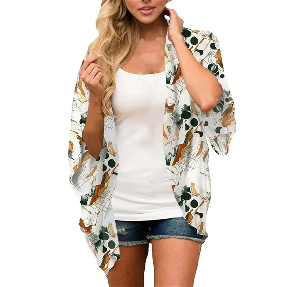 Women'S Swimwear 2023 Cardigans For Women Clearance Fashion Womens Middle Short Sleeve Print Chiffon Cardigan Beach Loose Tops