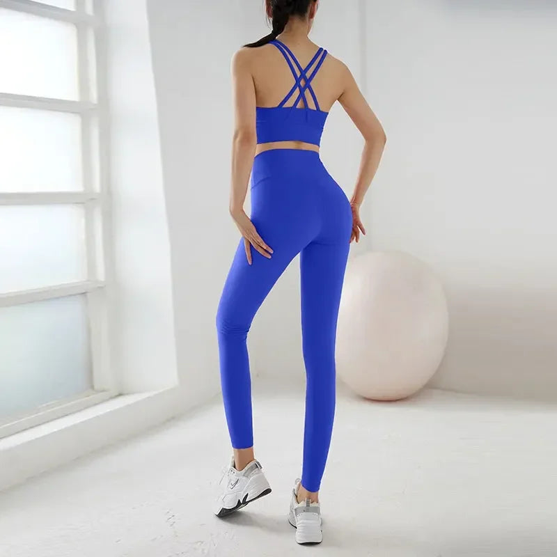 2 Piece Yoga Set Solid Color Women's High Waisted Leggings Tight-fitting Quick-drying Running Underwear Cross Bra Fitness Suit