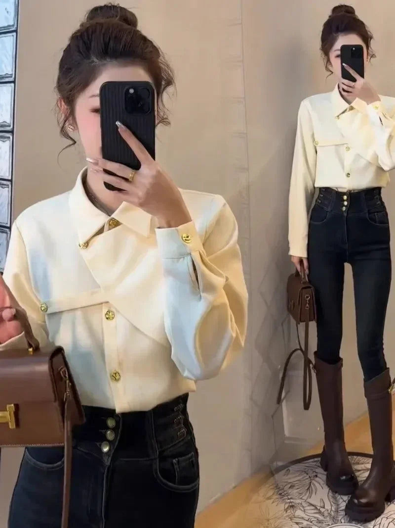2025 New Spring Thicken Long Sleeve Shirts for Women Solid Black Front