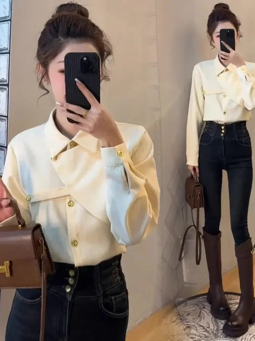 2025 New Spring Thicken Long Sleeve Shirts for Women Solid Black Front