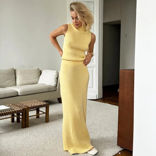 Tuularose Elegant Long Skirt Two-piece Set Women's Sleeveless Knitted