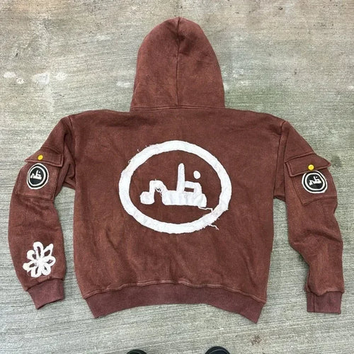 Y2k Vintage Fashion Wash Zip Up Hoodies Men Women Street Harajuku Hip