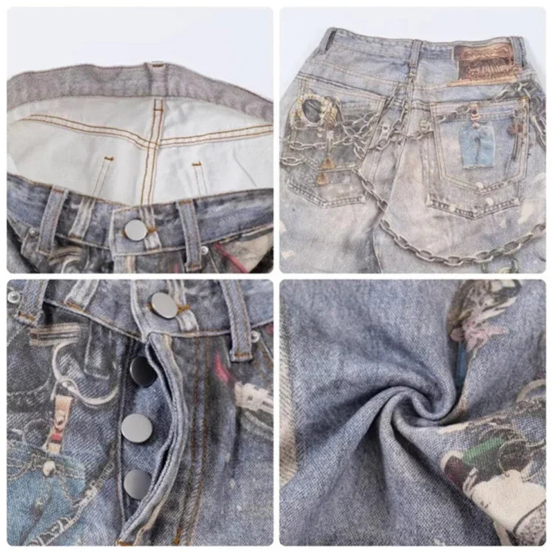 New 3D Chain Printed Baggy Jeans For Men And Women Casual Baggy