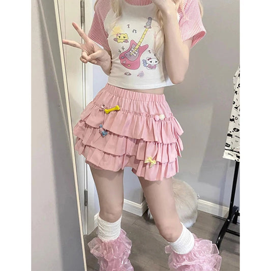 MEXZT Y2K Sweet Ruffles Mini Skirt Women Kawaii Lolita Bow A Line
