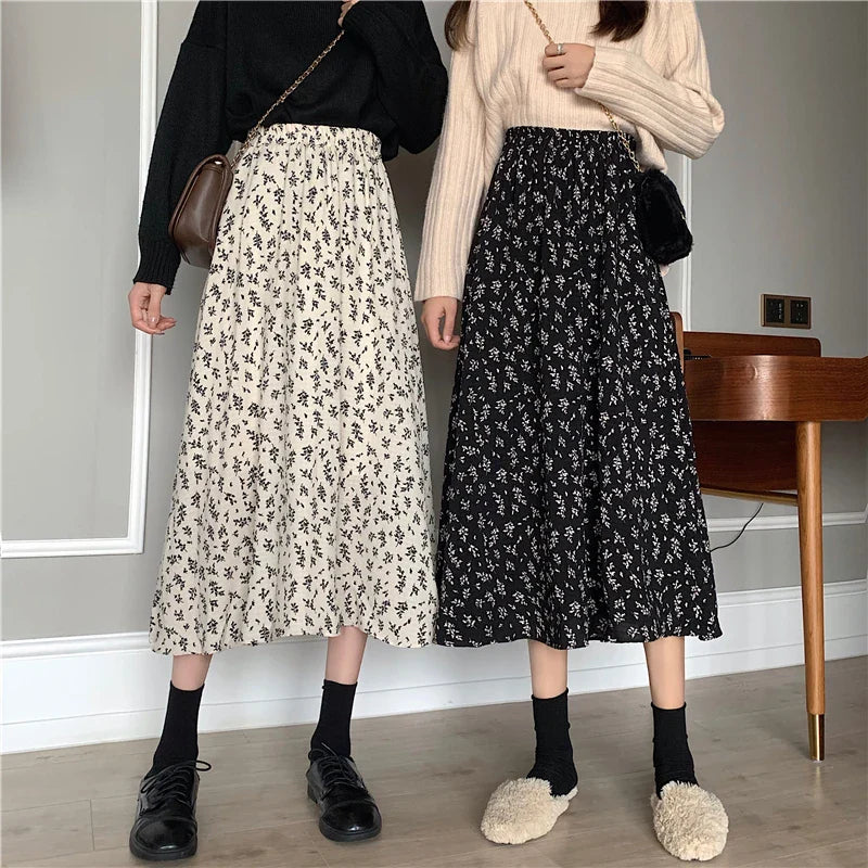 Vintage Floral Print A-line Pleated Long Skirts Summer Women 2024
