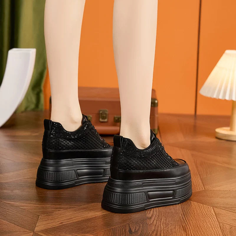 AUTUSPIN 9cm Platforms Chunky Sneakers for Women Leisure Shoes Summer Crystal Splicing Ladies Microfiber Leather Footwear Woman