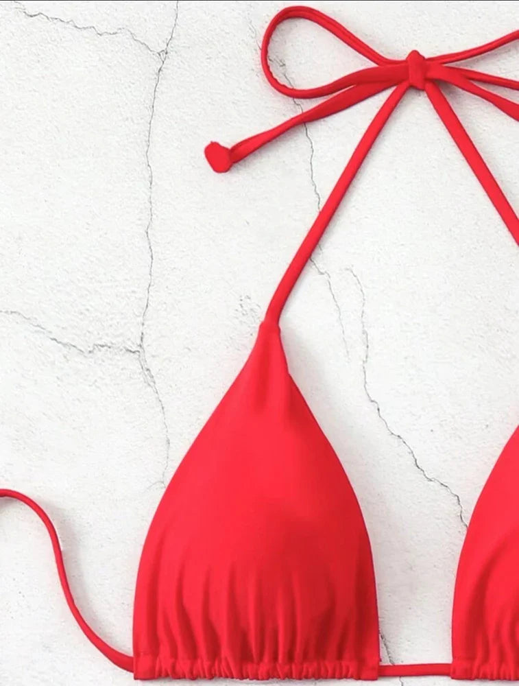 Women Red/Black/White/Coffee Bikini Padded Sexy Halter Bikini Two-Piece Set With Drawstring Straps Brazilian Bathing Suit 2025