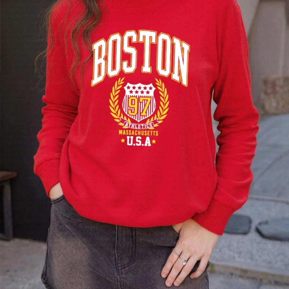 Boston USA Creative Letter Printed Woman Streetwear Hip Hop Street Clothes Autumn Sports Sweatshirt Breathable Fleece Tops