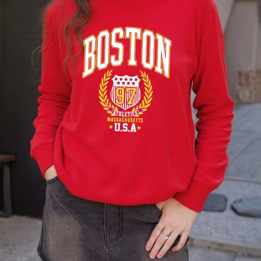 Boston USA Creative Letter Printed Woman Streetwear Hip Hop Street Clothes Autumn Sports Sweatshirt Breathable Fleece Tops