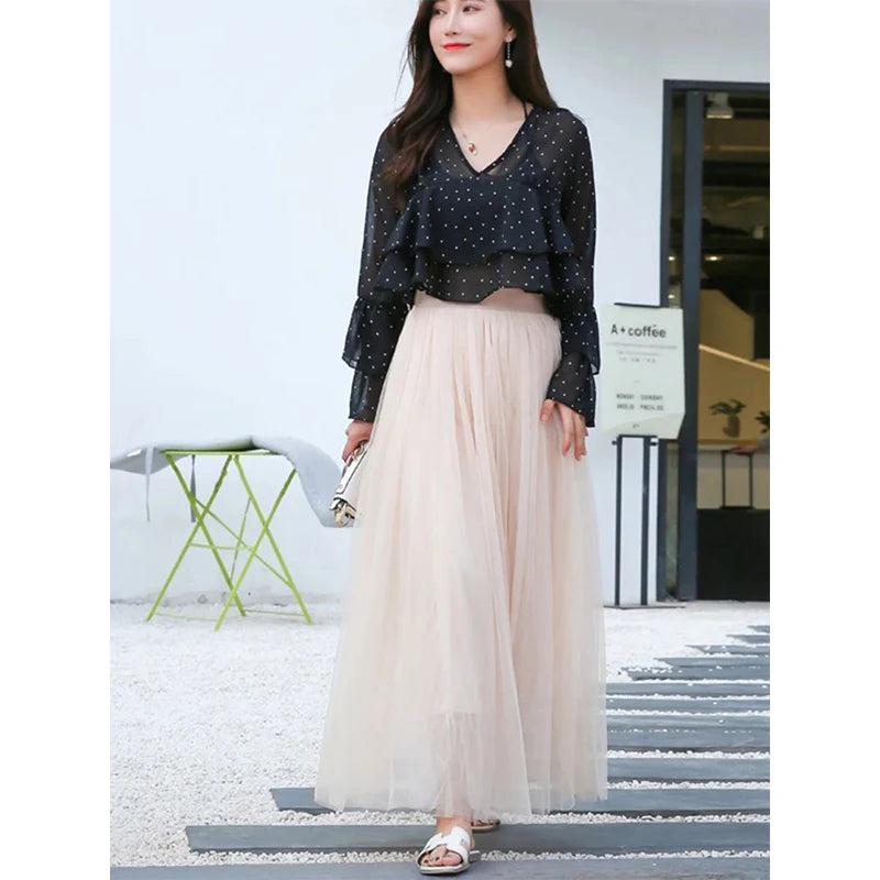 Vintage Tulle Skirt Women Streetwear Elastic High Waist Mesh Pleated