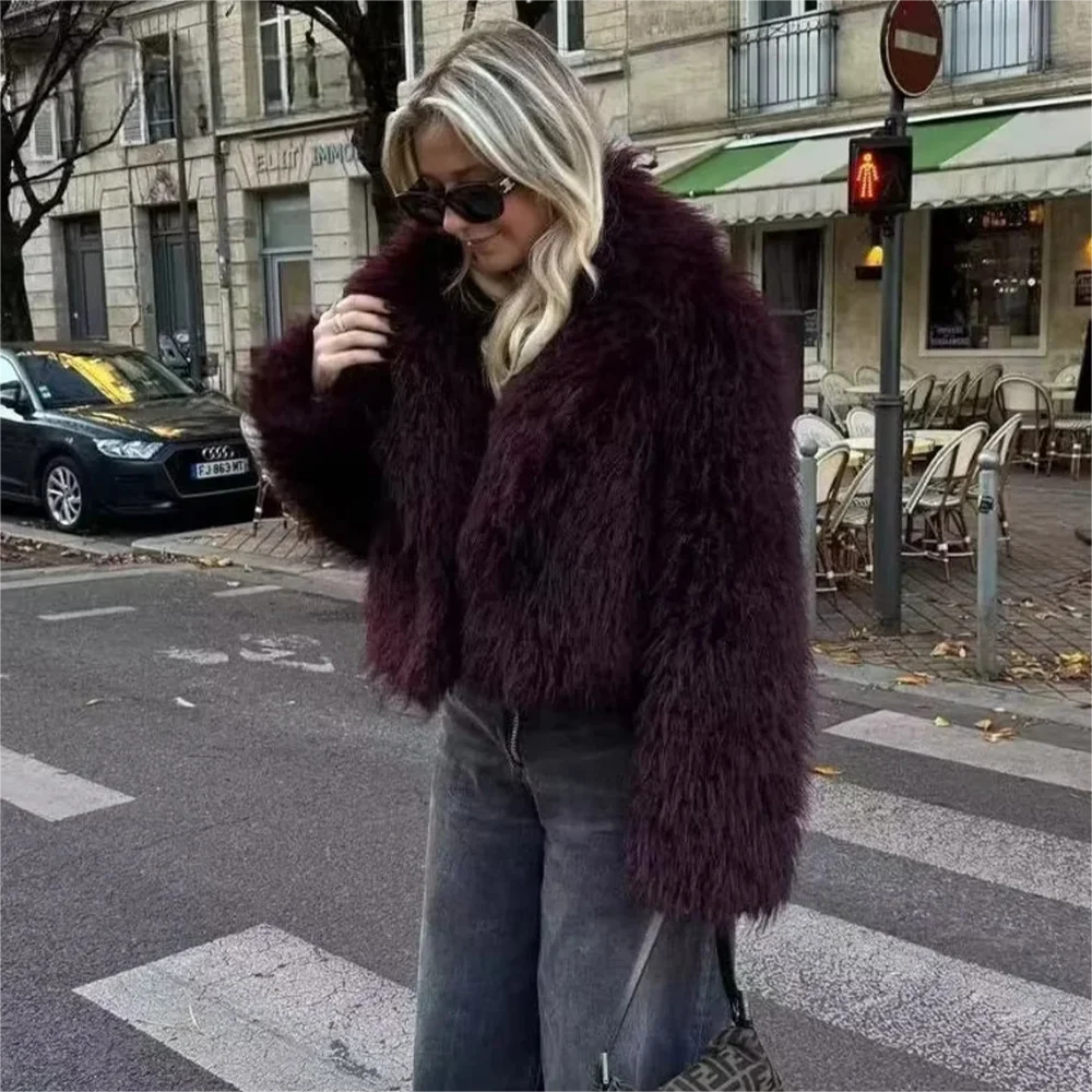 KONDALA 2025 Fall Winter Women Burgundy Casual Faux Fur Jackets Fashion Streetwear Turn Down Collar Warm Oversized Thick Coats