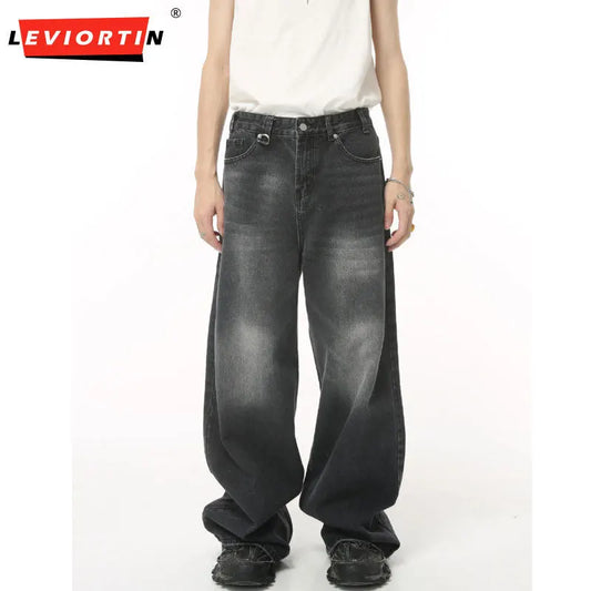 Retro Men's Denim Pants Y2K High Street Wide Leg Loose Denim Pants