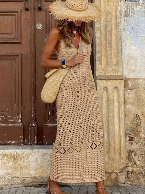 S - XL 2025 V Neck Hollow Out Crochet Knitted Tunic Beach Cover Up