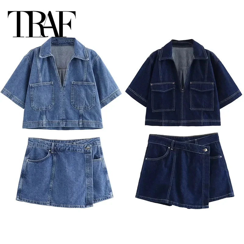 TRAF Blue Denim Shirt Woman Short Sleeve Cropped Shirt Women Summer