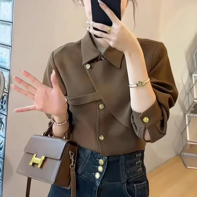 2025 New Spring Thicken Long Sleeve Shirts for Women Solid Black Front