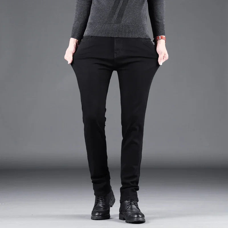 Spring Autumn New Men's Pure Black Slim Jeans Elastic Straight Pants