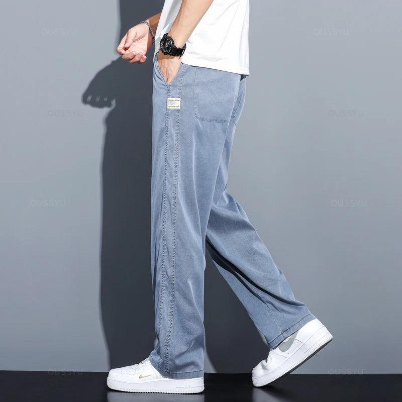Summer Thin Soft Lyocell Fabric Jeans Men Loose Straight Wide Leg