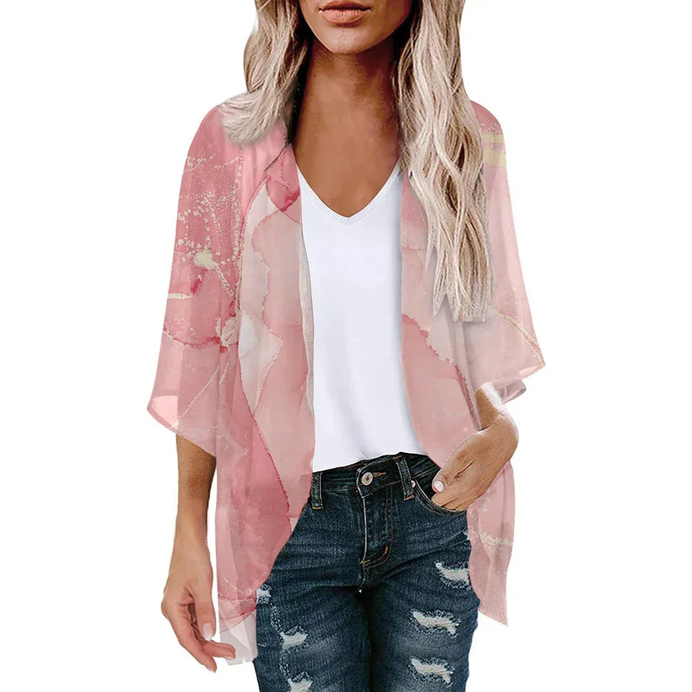 New Women Chiffon Blouse Kimono Tops Cardigan Leaves Print Beach Blouse Shawl Loose Hawaiian Outwear Swim Cover Up  Beach Wear