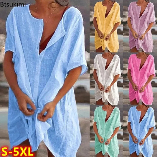 2024 Women's Cotton Linen Beach Dress Solid Summer Casual Cover-ups