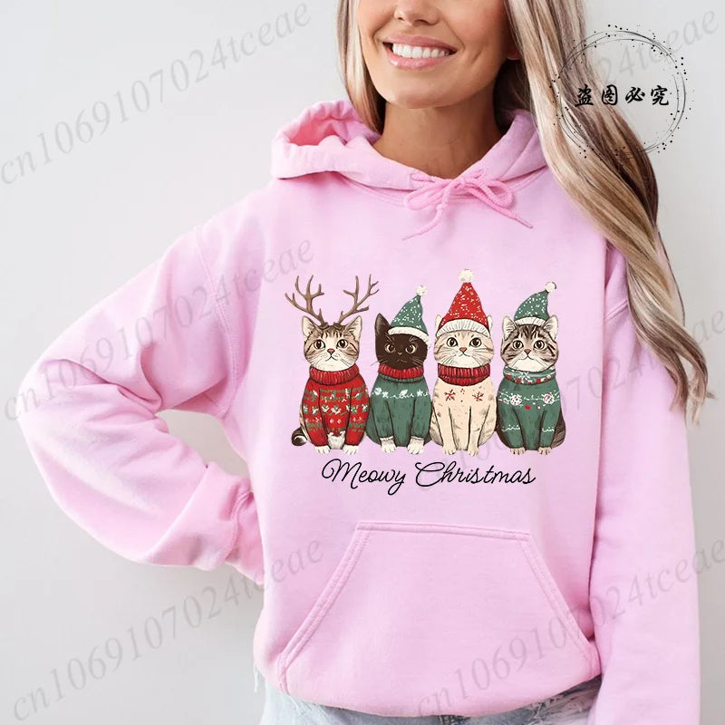 Meowy Christmas Cat Print Women Fashion Hoodies Girl Clothing Funny Merry Christmas Sweatshirts Tops Female Casual Tops Clothing