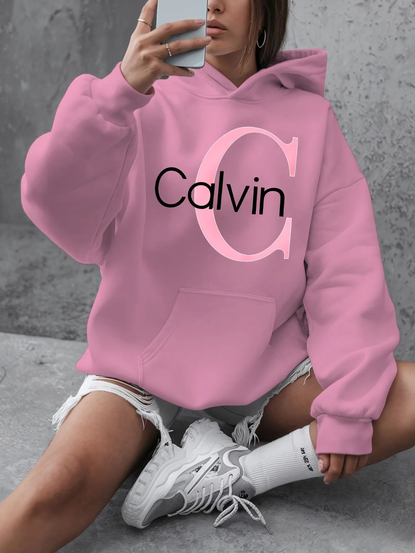 Calvin Graphic Hoodie Women's Plus Size "Calvin" Graphic Hoodie - Casual Long Sleeve Pullover with Pockets y2k clothes