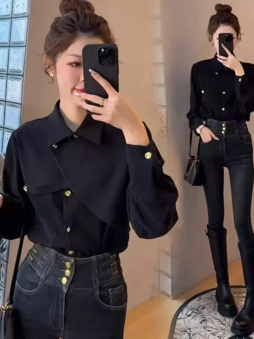 2025 New Spring Thicken Long Sleeve Shirts for Women Solid Black Front