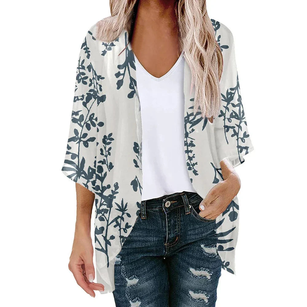 New Women Chiffon Blouse Kimono Tops Cardigan Leaves Print Beach Blouse Shawl Loose Hawaiian Outwear Swim Cover Up  Beach Wear