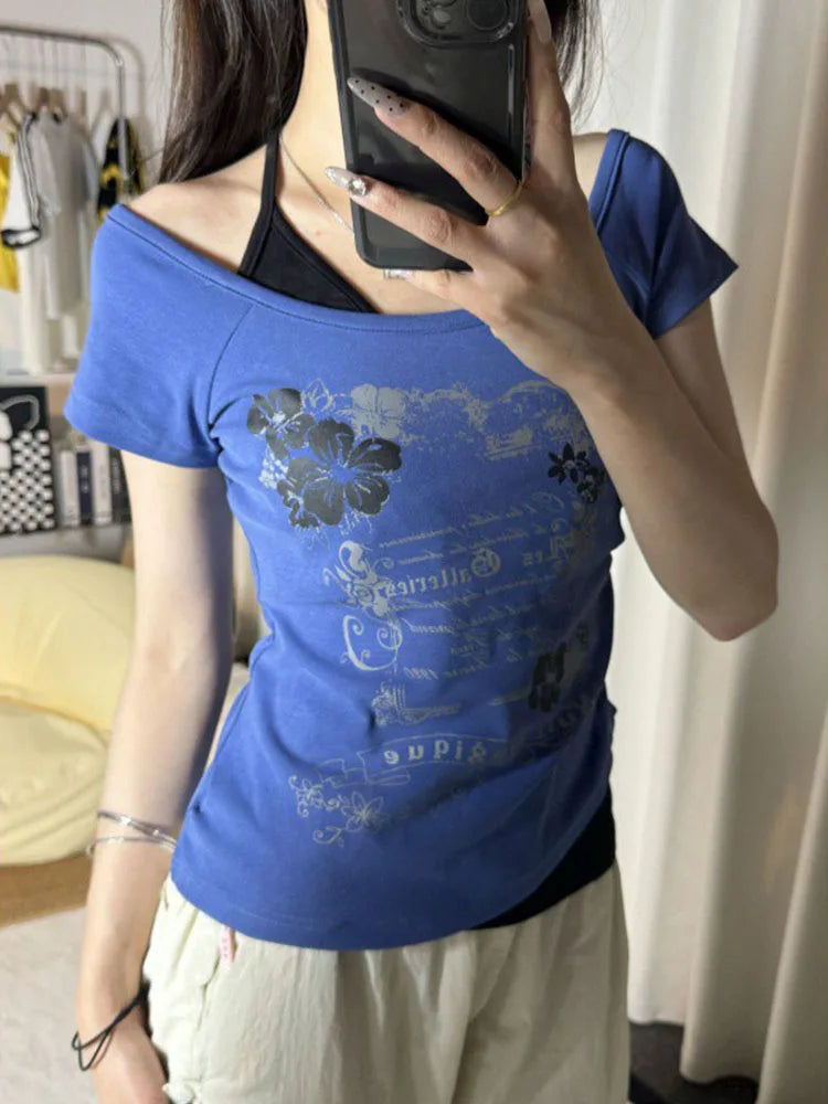 Vintage Fake Two Piece Halter Lace Up T-shirts Y2k Slim Fit Print Tops