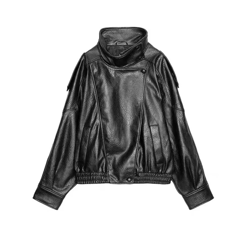 Street Stand Collar Women's Leather Jacket Loose Long Sleeve Zipper Pockets Chic Female Coats 2025 Autumn Winter Lady Outerwear