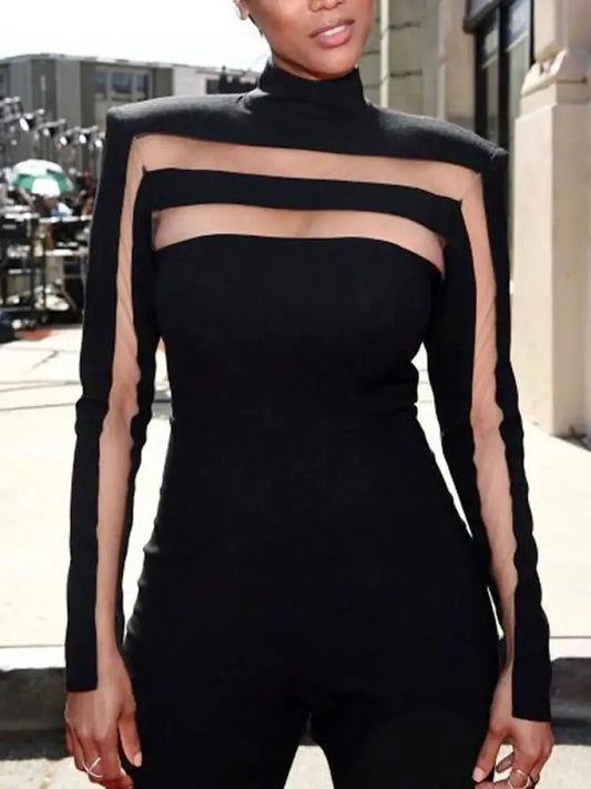 Yeezzi Female Fashion Sexy Mesh Split-Joint High Neck T-Shirts 2024