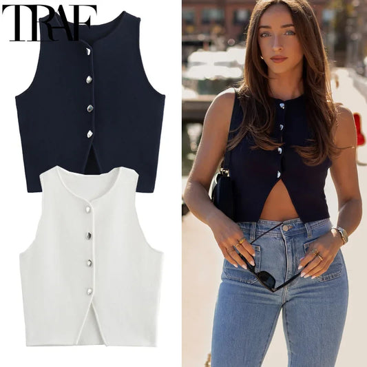 TRAF 2024 Knit Vest For Women Sleeveless Cropped Woman White Vest Fall