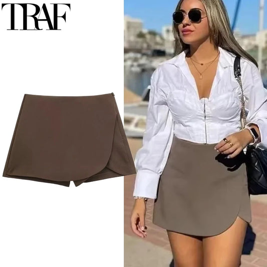 TRAF Women's Skort High Waist Brown Skirt Pants Stylish Summer Pink